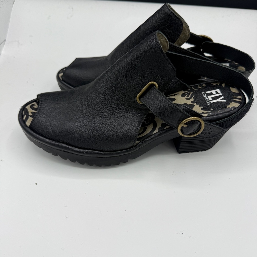 Fly London Black Leather Heeled Wena Sandals Buckle Strap - Picture 3 of 9